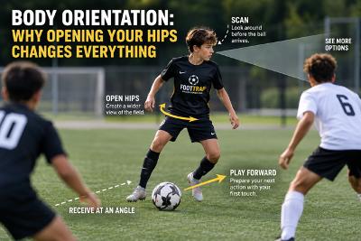 Young soccer player using an open body position to receive the ball during training